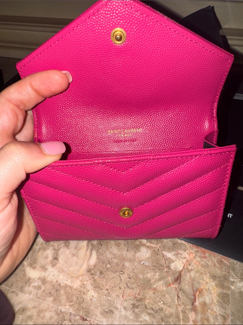 Saint Laurent Fuchsia Chevron Quilted Wallet with Gold YSL Emblem - Picture 7 of 10